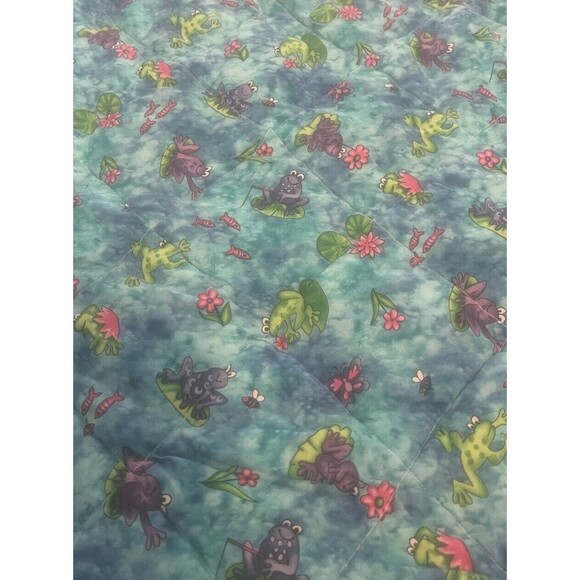 HandMade Child’s Reversible Quilt Bright Colors Frogs & Flowers 40” L X 33” W - Picture 5 of 5